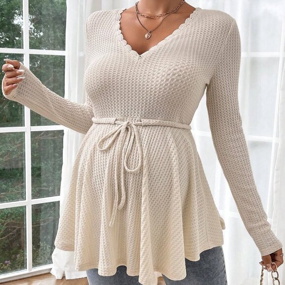 Khaki Casual Women's Maternity Solid Color Drawstring Waist T-Shirt - Picture 5 of 5